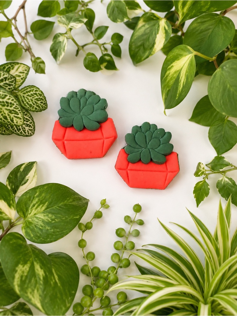 Succulent Handmade Polymer Clay Earrings in Green and Orange